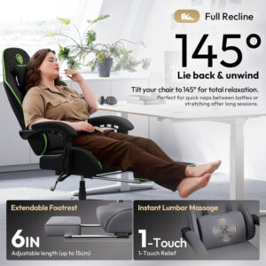 Dowinx Gaming Chair Fabric with Pocket Spring Cushion, Massage Game Chair Cloth with Headrest, Ergonomic Computer Chair with Footrest 290LBS, Black and Grey