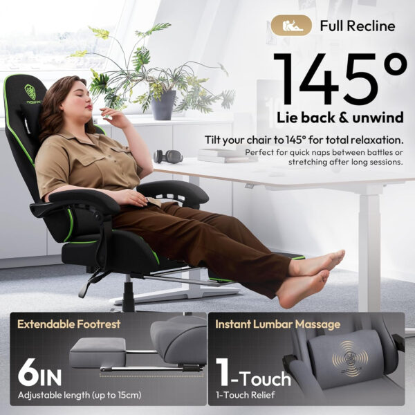 Dowinx Gaming Chair Fabric with Pocket Spring Cushion, Massage Game Chair Cloth with Headrest, Ergonomic Computer Chair with Footrest 290LBS, Black and Grey