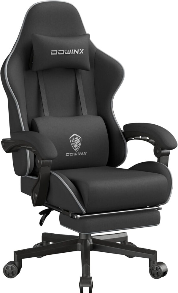 Dowinx Gaming Chair Fabric with Pocket Spring Cushion, Massage Game Chair Cloth with Headrest, Ergonomic Computer Chair with Footrest 290LBS, Black and Grey