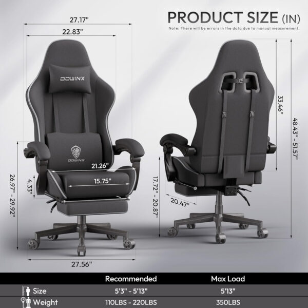 Dowinx Gaming Chair Fabric with Pocket Spring Cushion, Massage Game Chair Cloth with Headrest, Ergonomic Computer Chair with Footrest 290LBS, Black and Grey