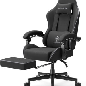 Dowinx Gaming Chair Fabric with Pocket Spring Cushion, Massage Game Chair Cloth with Headrest, Ergonomic Computer Chair with Footrest 290LBS, Black and Grey