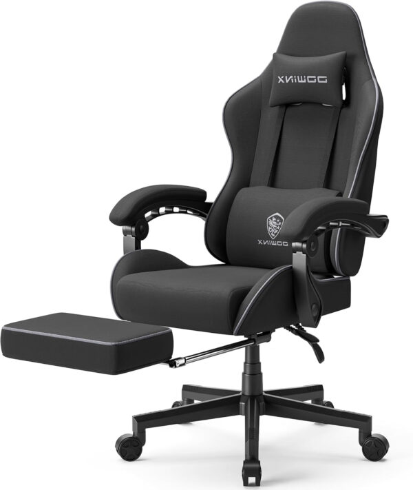 Dowinx Gaming Chair Fabric with Pocket Spring Cushion, Massage Game Chair Cloth with Headrest, Ergonomic Computer Chair with Footrest 290LBS, Black and Grey
