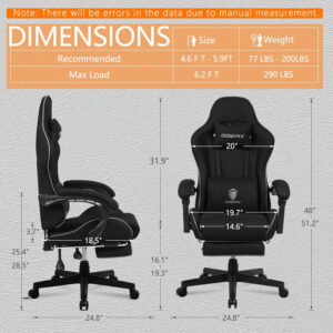 Dowinx Gaming Chair Fabric with Pocket Spring Cushion, Massage Game Chair Cloth with Headrest, Ergonomic Computer Chair with Footrest 290LBS, Black and Grey