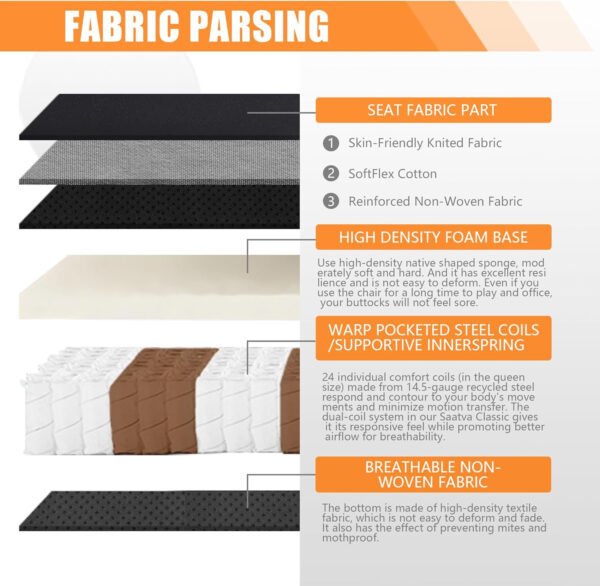 Dowinx Gaming Chair Fabric with Pocket Spring Cushion, Massage Game Chair Cloth with Headrest, Ergonomic Computer Chair with Footrest 290LBS, Black and Grey