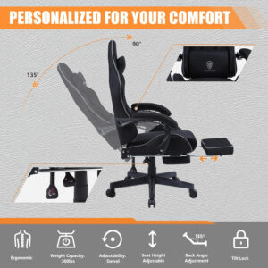 Dowinx Gaming Chair Fabric with Pocket Spring Cushion, Massage Game Chair Cloth with Headrest, Ergonomic Computer Chair with Footrest 290LBS, Black and Grey