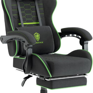 Dowinx Gaming Chair Fabric with Pocket Spring Cushion, Massage Game Chair Cloth with Headrest, Ergonomic Computer Chair with Footrest 290LBS, Black and Grey