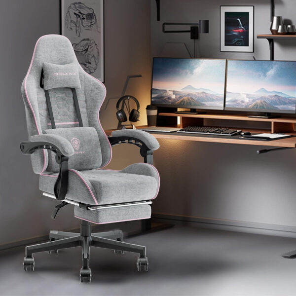 Dowinx Gaming Chair Fabric with Pocket Spring Cushion, Massage Game Chair Cloth with Headrest, Ergonomic Computer Chair with Footrest 290LBS, Black and Grey