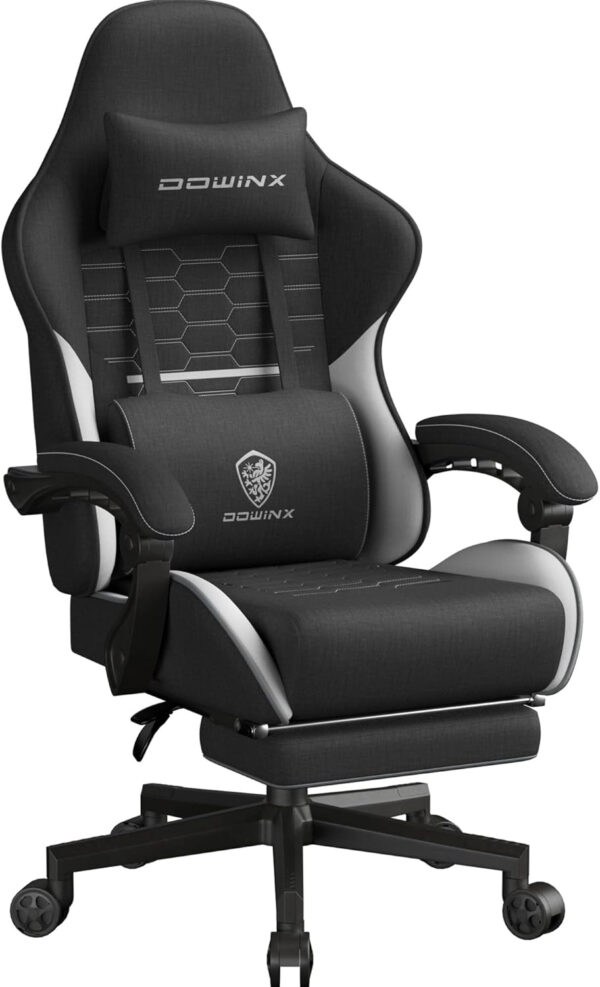 Dowinx Gaming Chair Fabric with Pocket Spring Cushion, Massage Game Chair Cloth with Headrest, Ergonomic Computer Chair with Footrest 290LBS, Black and Grey
