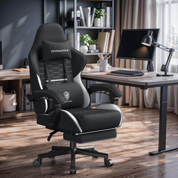 Dowinx Gaming Chair Fabric with Pocket Spring Cushion, Massage Game Chair Cloth with Headrest, Ergonomic Computer Chair with Footrest 290LBS, Black and Grey