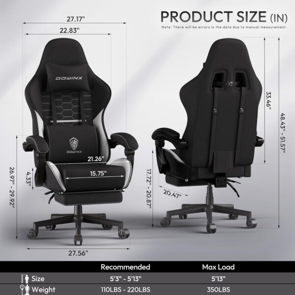 Dowinx Gaming Chair Fabric with Pocket Spring Cushion, Massage Game Chair Cloth with Headrest, Ergonomic Computer Chair with Footrest 290LBS, Black and Grey