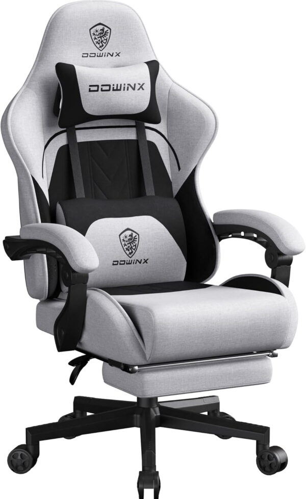 Dowinx Gaming Chair Fabric with Pocket Spring Cushion, Massage Game Chair Cloth with Headrest, Ergonomic Computer Chair with Footrest 290LBS, Black and Grey