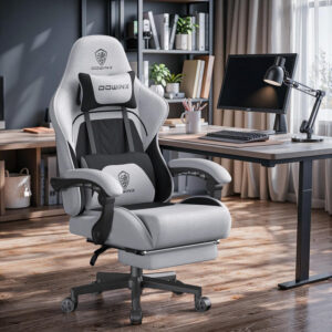Dowinx Gaming Chair Fabric with Pocket Spring Cushion, Massage Game Chair Cloth with Headrest, Ergonomic Computer Chair with Footrest 290LBS, Black and Grey