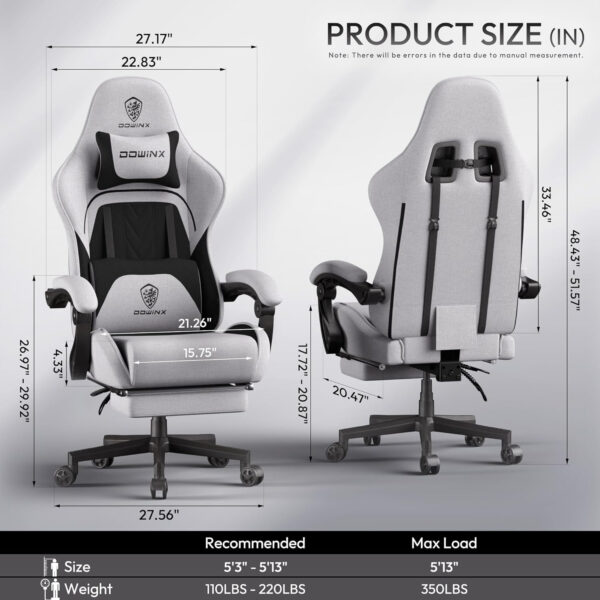 Dowinx Gaming Chair Fabric with Pocket Spring Cushion, Massage Game Chair Cloth with Headrest, Ergonomic Computer Chair with Footrest 290LBS, Black and Grey
