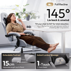 Dowinx Gaming Chair Fabric with Pocket Spring Cushion, Massage Game Chair Cloth with Headrest, Ergonomic Computer Chair with Footrest 290LBS, Black and Grey