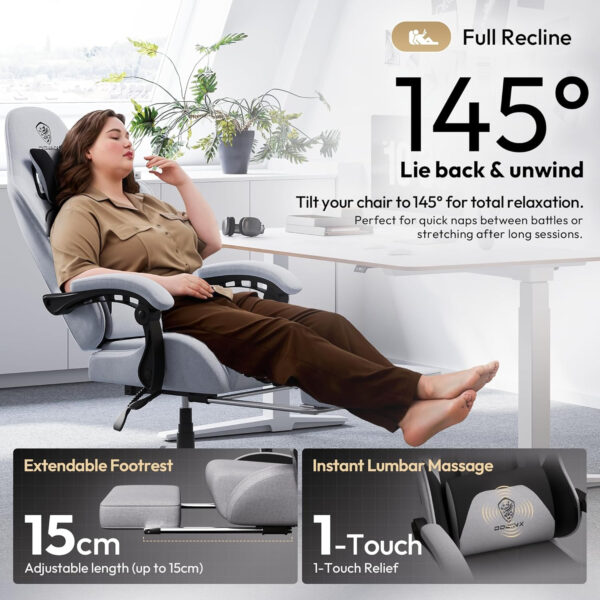 Dowinx Gaming Chair Fabric with Pocket Spring Cushion, Massage Game Chair Cloth with Headrest, Ergonomic Computer Chair with Footrest 290LBS, Black and Grey