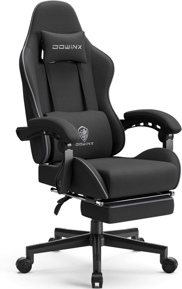 Dowinx Gaming Chair Fabric with Pocket Spring Cushion, Massage Game Chair Cloth with Headrest, Ergonomic Computer Chair with Footrest 290LBS, Black and Grey