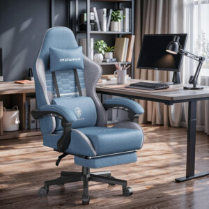 Dowinx Gaming Chair Fabric with Pocket Spring Cushion, Massage Game Chair Cloth with Headrest, Ergonomic Computer Chair with Footrest 290LBS, Black and Grey