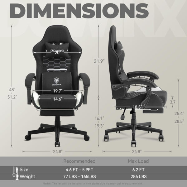 Dowinx Gaming Chair Fabric with Pocket Spring Cushion, Massage Game Chair Cloth with Headrest, Ergonomic Computer Chair with Footrest 290LBS, Black and Grey