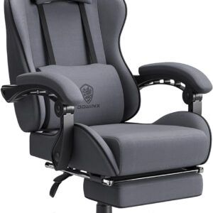 Dowinx Gaming Chair Fabric with Pocket Spring Cushion, Massage Game Chair Cloth with Headrest, Ergonomic Computer Chair with Footrest 290LBS, Black and Grey
