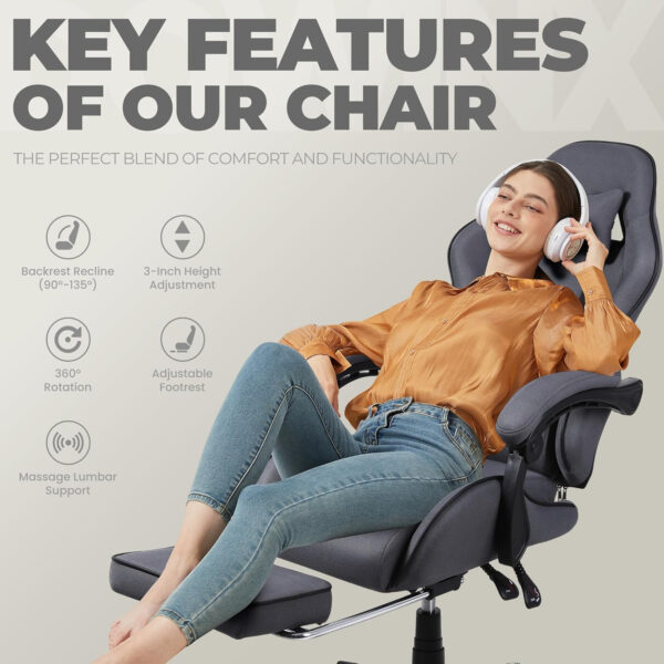 Dowinx Gaming Chair Fabric with Pocket Spring Cushion, Massage Game Chair Cloth with Headrest, Ergonomic Computer Chair with Footrest 290LBS, Black and Grey