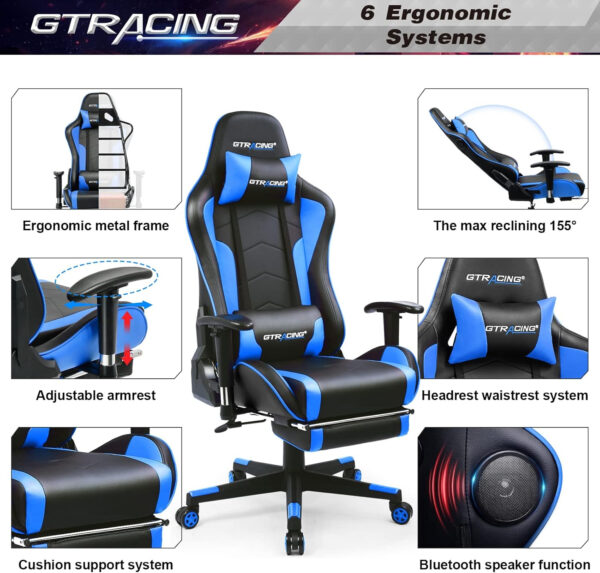 GTRACING Gaming Chair with Footrest Speakers Video Game Chair Bluetooth Music Heavy Duty Ergonomic Computer Office Desk Chair