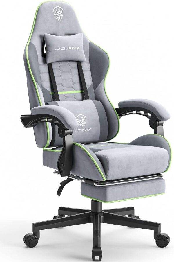 Dowinx Gaming Chair Fabric with Pocket Spring Cushion, Massage Game Chair Cloth with Headrest, Ergonomic Computer Chair with Footrest 290LBS, Black and Grey