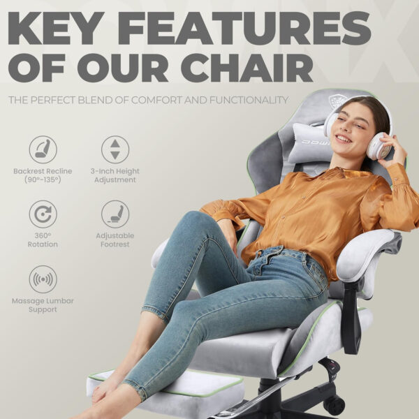 Dowinx Gaming Chair Fabric with Pocket Spring Cushion, Massage Game Chair Cloth with Headrest, Ergonomic Computer Chair with Footrest 290LBS, Black and Grey