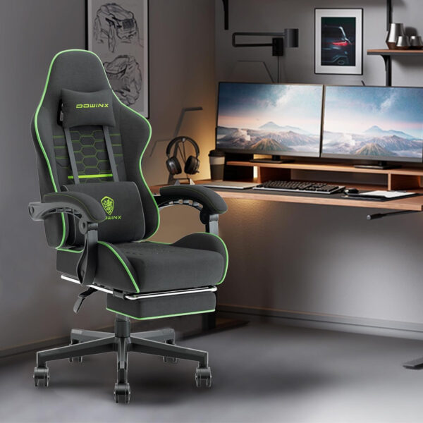Dowinx Gaming Chair Fabric with Pocket Spring Cushion, Massage Game Chair Cloth with Headrest, Ergonomic Computer Chair with Footrest 290LBS, Black and Grey
