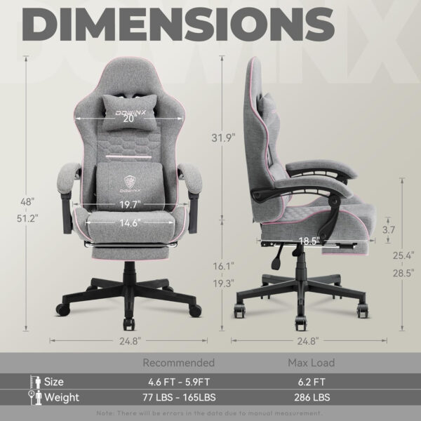 Dowinx Gaming Chair Fabric with Pocket Spring Cushion, Massage Game Chair Cloth with Headrest, Ergonomic Computer Chair with Footrest 290LBS, Black and Grey