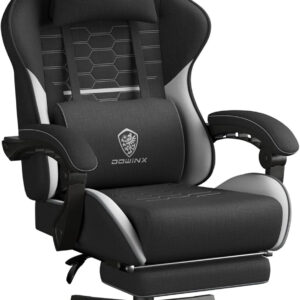Dowinx Gaming Chair Fabric with Pocket Spring Cushion, Massage Game Chair Cloth with Headrest, Ergonomic Computer Chair with Footrest 290LBS, Black and Grey
