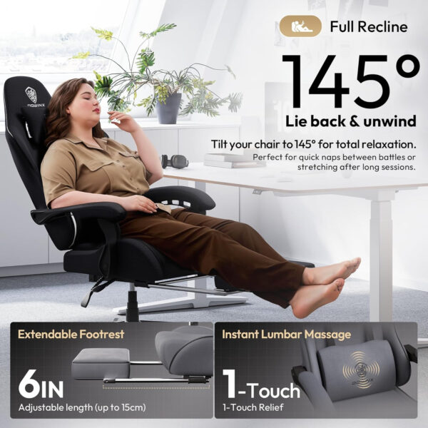 Dowinx Gaming Chair Fabric with Pocket Spring Cushion, Massage Game Chair Cloth with Headrest, Ergonomic Computer Chair with Footrest 290LBS, Black and Grey