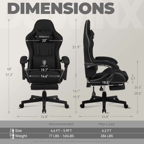 Dowinx Gaming Chair Fabric with Pocket Spring Cushion, Massage Game Chair Cloth with Headrest, Ergonomic Computer Chair with Footrest 290LBS, Black and Grey