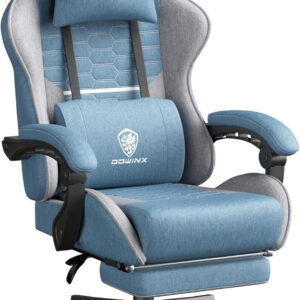 Dowinx Gaming Chair Fabric with Pocket Spring Cushion, Massage Game Chair Cloth with Headrest, Ergonomic Computer Chair with Footrest 290LBS, Black and Grey