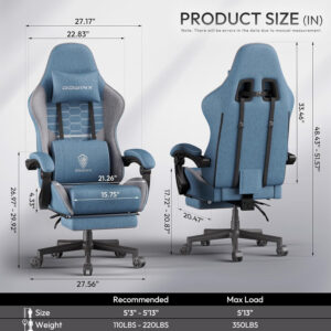 Dowinx Gaming Chair Fabric with Pocket Spring Cushion, Massage Game Chair Cloth with Headrest, Ergonomic Computer Chair with Footrest 290LBS, Black and Grey