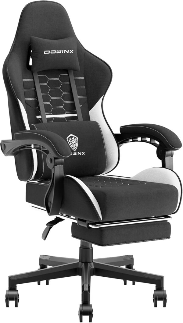Dowinx Gaming Chair Fabric with Pocket Spring Cushion, Massage Game Chair Cloth with Headrest, Ergonomic Computer Chair with Footrest 290LBS, Black and Grey
