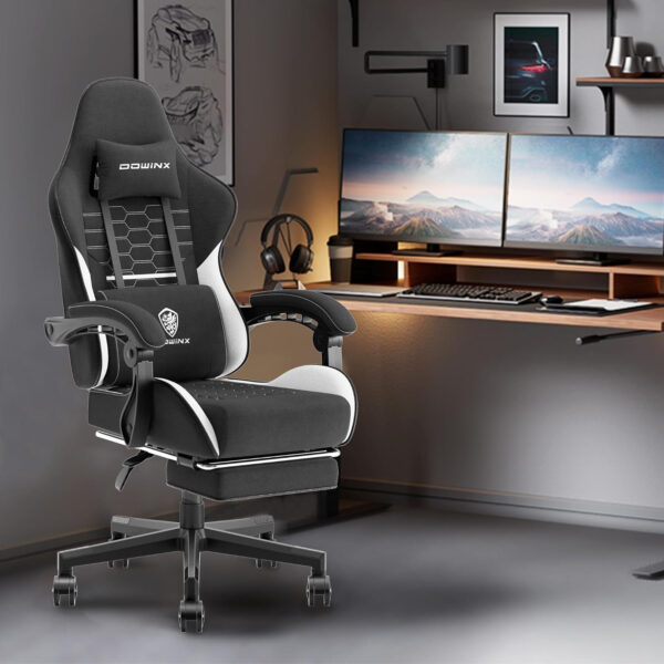 Dowinx Gaming Chair Fabric with Pocket Spring Cushion, Massage Game Chair Cloth with Headrest, Ergonomic Computer Chair with Footrest 290LBS, Black and Grey