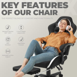 Dowinx Gaming Chair Fabric with Pocket Spring Cushion, Massage Game Chair Cloth with Headrest, Ergonomic Computer Chair with Footrest 290LBS, Black and Grey