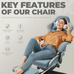Dowinx Gaming Chair Fabric with Pocket Spring Cushion, Massage Game Chair Cloth with Headrest, Ergonomic Computer Chair with Footrest 290LBS, Black and Grey
