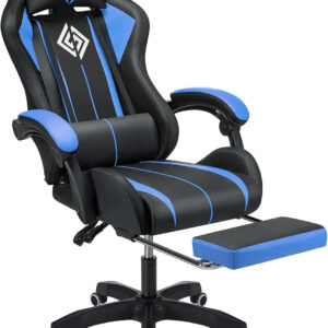 HOFFREE RGB Gaming Chair with Speakers Massage Computer Gaming Chair with LED Lights and Footrest High Back Video Game Chair for Adults Blue and Black