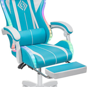 HOFFREE RGB Gaming Chair with Speakers Massage Computer Gaming Chair with LED Lights and Footrest High Back Video Game Chair for Adults Blue and Black