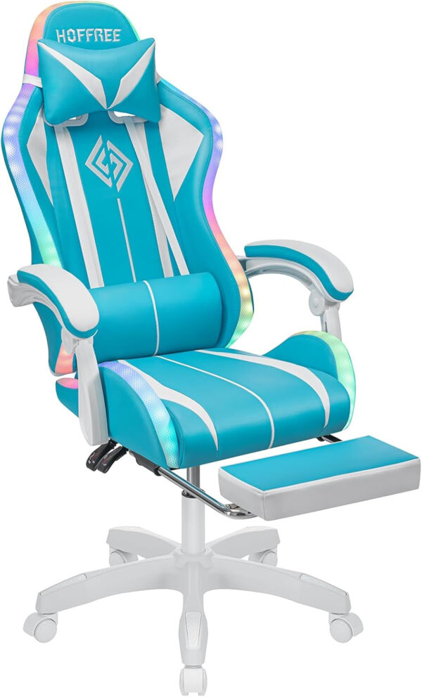 HOFFREE RGB Gaming Chair with Speakers Massage Computer Gaming Chair with LED Lights and Footrest High Back Video Game Chair for Adults Blue and Black