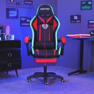 HOFFREE RGB Gaming Chair with Speakers Massage Computer Gaming Chair with LED Lights and Footrest High Back Video Game Chair for Adults Blue and Black