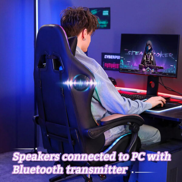 HOFFREE RGB Gaming Chair with Speakers Massage Computer Gaming Chair with LED Lights and Footrest High Back Video Game Chair for Adults Blue and Black