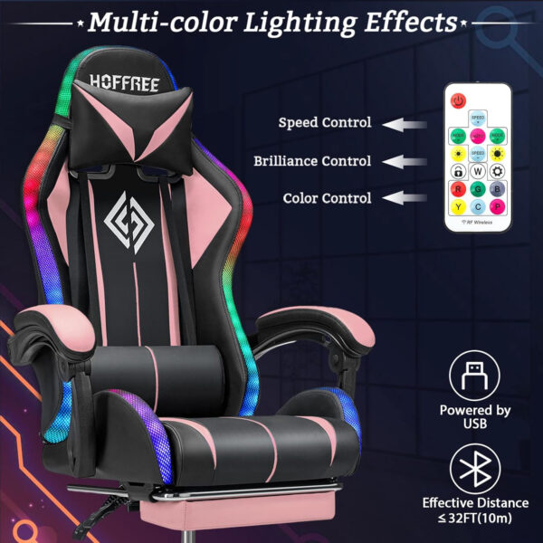 HOFFREE RGB Gaming Chair with Speakers Massage Computer Gaming Chair with LED Lights and Footrest High Back Video Game Chair for Adults Blue and Black
