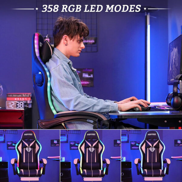 HOFFREE RGB Gaming Chair with Speakers Massage Computer Gaming Chair with LED Lights and Footrest High Back Video Game Chair for Adults Blue and Black