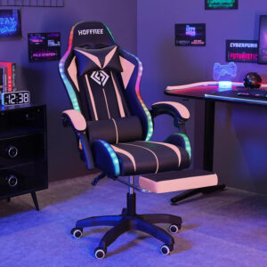 HOFFREE RGB Gaming Chair with Speakers Massage Computer Gaming Chair with LED Lights and Footrest High Back Video Game Chair for Adults Blue and Black
