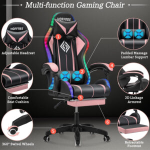 HOFFREE RGB Gaming Chair with Speakers Massage Computer Gaming Chair with LED Lights and Footrest High Back Video Game Chair for Adults Blue and Black
