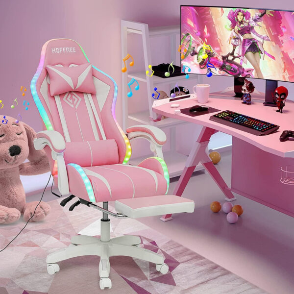 HOFFREE RGB Gaming Chair with Speakers Massage Computer Gaming Chair with LED Lights and Footrest High Back Video Game Chair for Adults Blue and Black