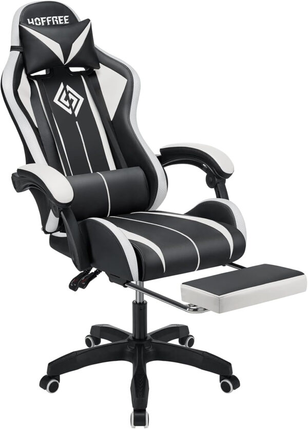 HOFFREE RGB Gaming Chair with Speakers Massage Computer Gaming Chair with LED Lights and Footrest High Back Video Game Chair for Adults Blue and Black