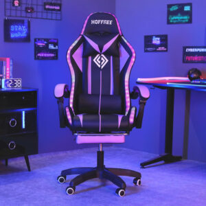 HOFFREE RGB Gaming Chair with Speakers Massage Computer Gaming Chair with LED Lights and Footrest High Back Video Game Chair for Adults Blue and Black
